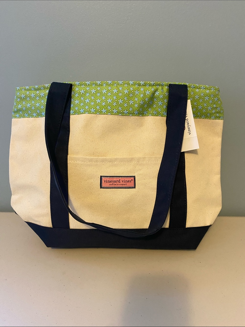 Vineyard Vines Cream Canvas Tote with Navy Straps and Green Star Trim